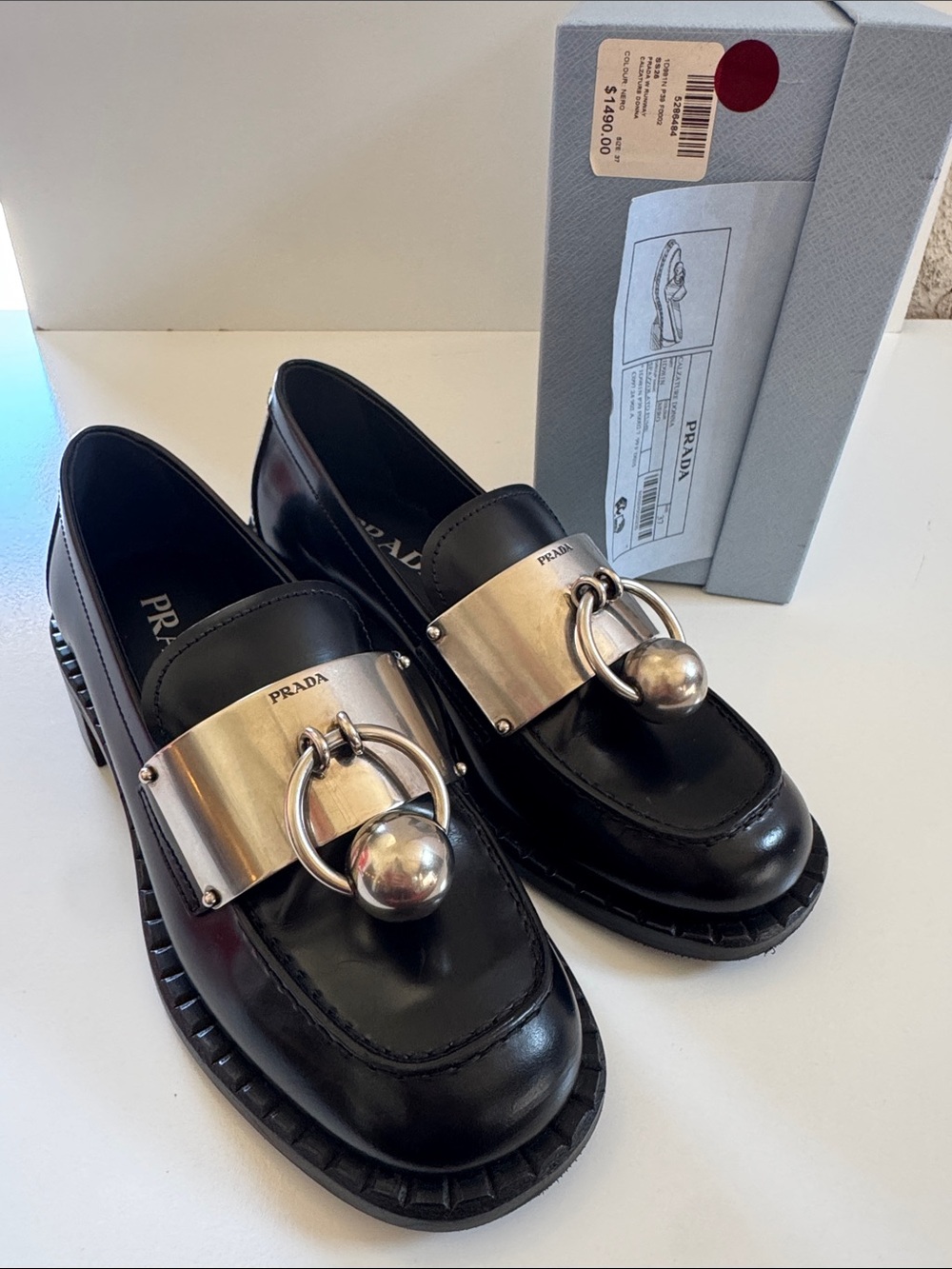 Prada Spazzolato Fume Leather Loafers Silver Hardware IT37 BRAND NEW